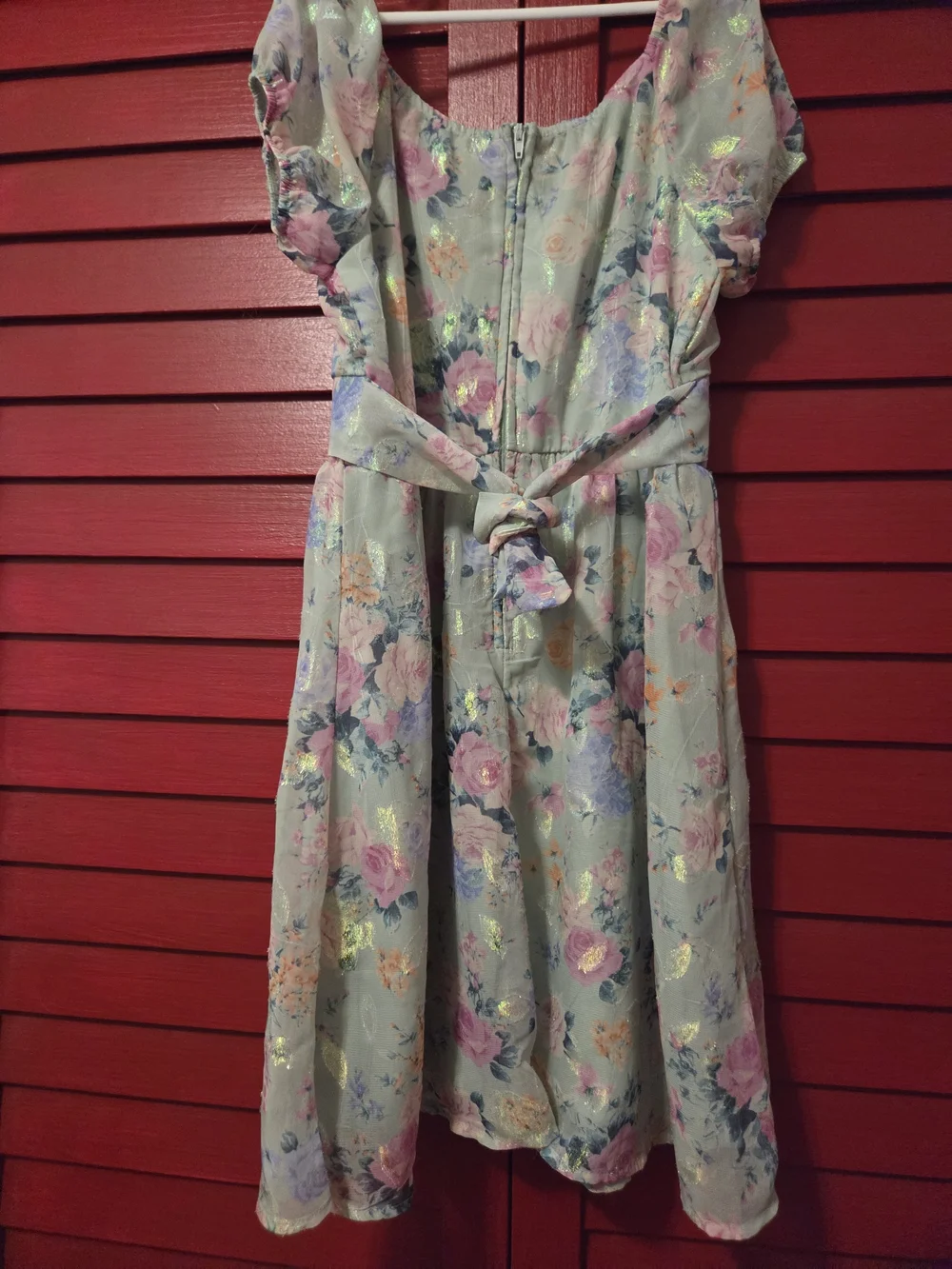 Mint Floral Puff-Sleeve Girls' Dress with Gold Detail